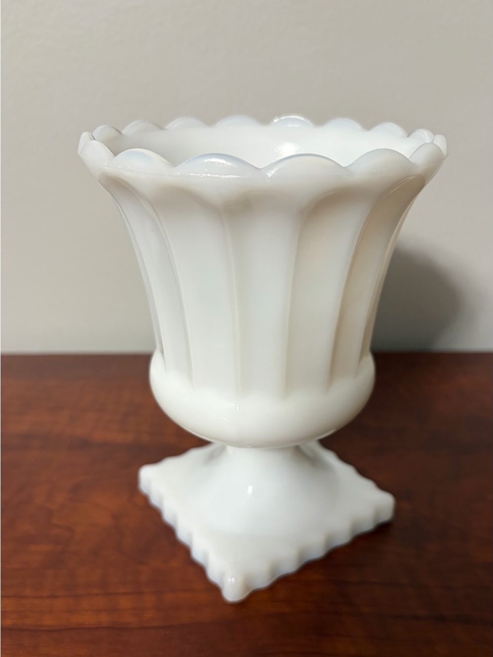 White Milk Glass Scalloped Pedestal Vase - Picture 3 of 8